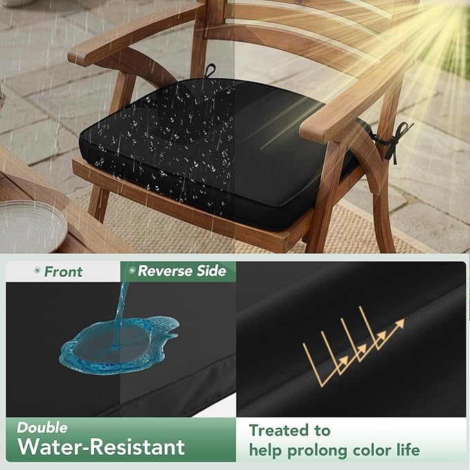 Outdoor Chair Cushions Set of 2: Waterproof & Fade Resistant Patio Furniture Cushions - 18.5 x 16 x 2 Inch Non Slip Round Corner Seat Cushion Pads with Removable Cover for Garden Yard Lawn, Black