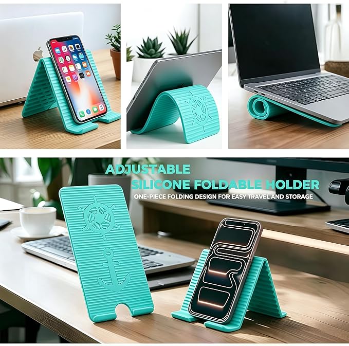 Flexible Silicone Aluminum Phone Holder Tablet Stand with Charging Port Design, Foldable Airplane Laptop/Phone Stand for Home Office Travel (Tiffany)