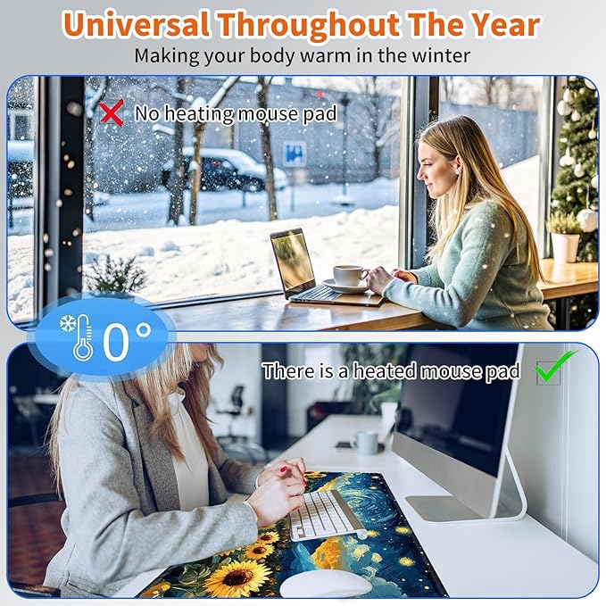 Heated Mouse Pad,Warm Desk Pad with 3 Levels Heating & 3 Hours Auto Shut-Off, PU Leather Heated Desk Pad Warmer Pad for Home Office - 23.6 x 14.2 inch,Starry Sky Sunflower