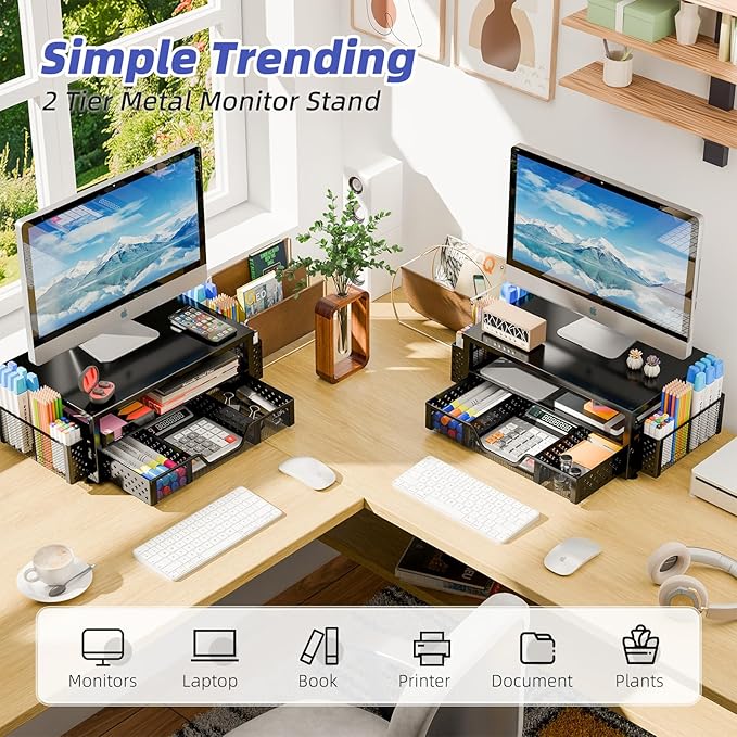 Simple Trending Desk Organizer and Accessories, 2-Tier Computer Monitor Stand Riser with Drawer and Pen Holders – Metal Latop Stand for Home Office, Black