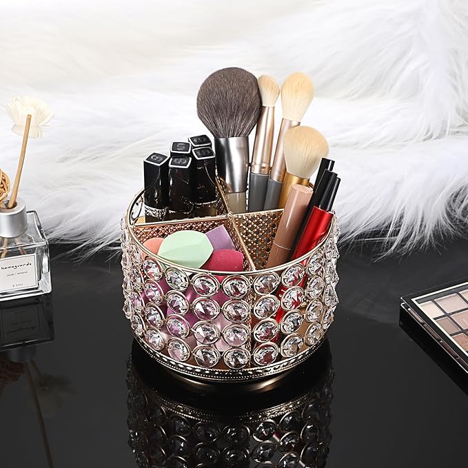Hipiwe Crystal Vanity Organizer 360 Rotating Makeup Brush Holder Spinning Cosmetic Brushes Display Holder Gold Vanity Storage Holder Multi-Functional Desk Organizer for Eyebrow Pen Pencil, 4-Slot