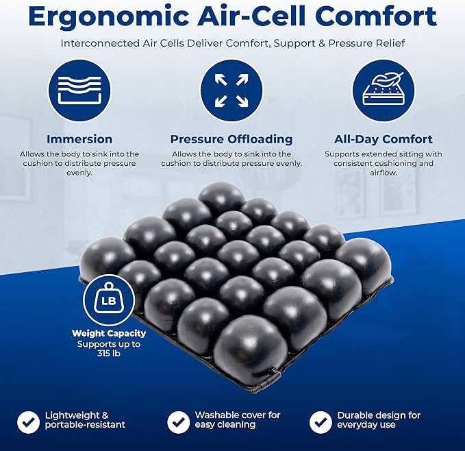 Roho Mosaic Seat Cushion 18” x 18” Inflatable Air Cell Design, Adjustable Firmness, Non-Skid Cover, Lightweight Portable Cushion for Wheelchair, Office Chair, Car & Home