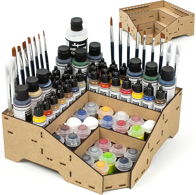 PROSCALE Universal Corner Paint Organizer for Miniatures Modeling Artists, Modular corner Paint Holder + Brush/Tool Compatible with Citadel, Vallejo, Army Painter, Tamiya, others (Module D)