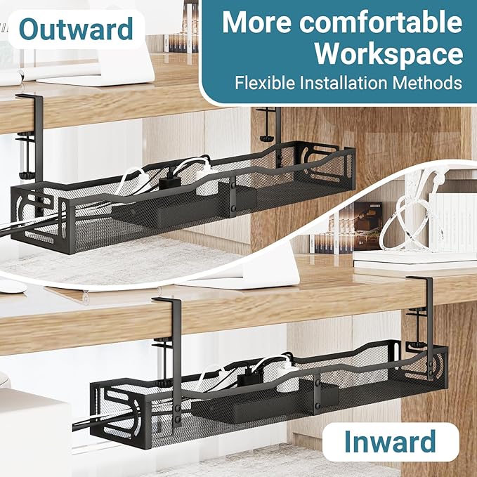 No Drill Under Desk Cable Management Tray, SONATURE 25.3" Cord Organizer for Table, Clamp Mount Desk Cable Management, Premium Carbon Steel Cable Organizer for Office, Home (Black)