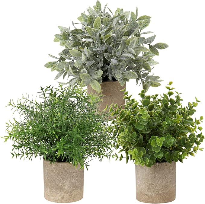 Briful 3 Pack Mini Faux Potted Plant Artificial Eucalyptus Plant Fake Topiaries Plant for Home Table Office Room Desk Bathroom Shelf Kitchen Rustic Farmhouse Mantel Decor