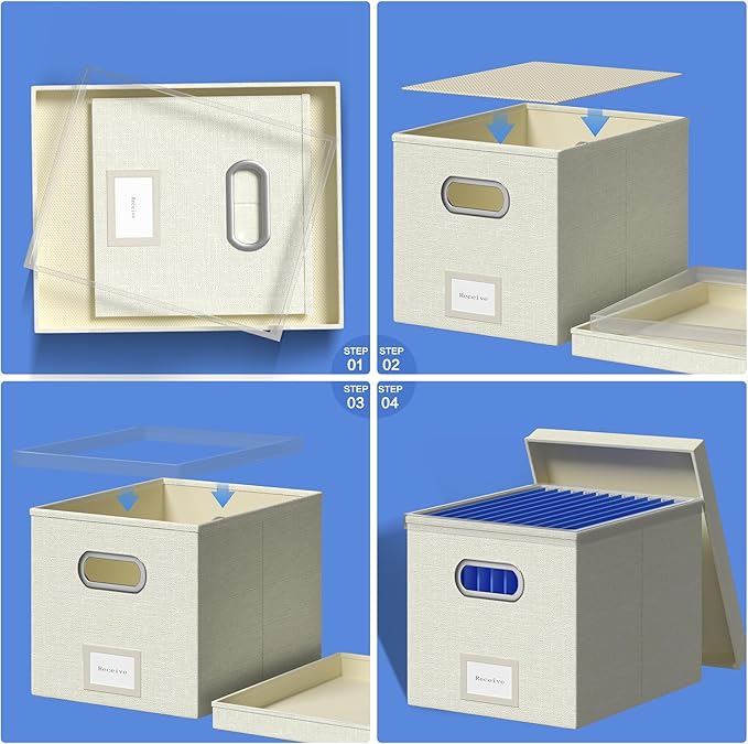 File Organizer Box - File Boxes for Hanging Files with Lid Set of 3 Decorative Hanging Folders Organizer with One-Piece Plastic Frame Slides (Beige White, 13.2 * 10.1 * 10.1in(3Pack))