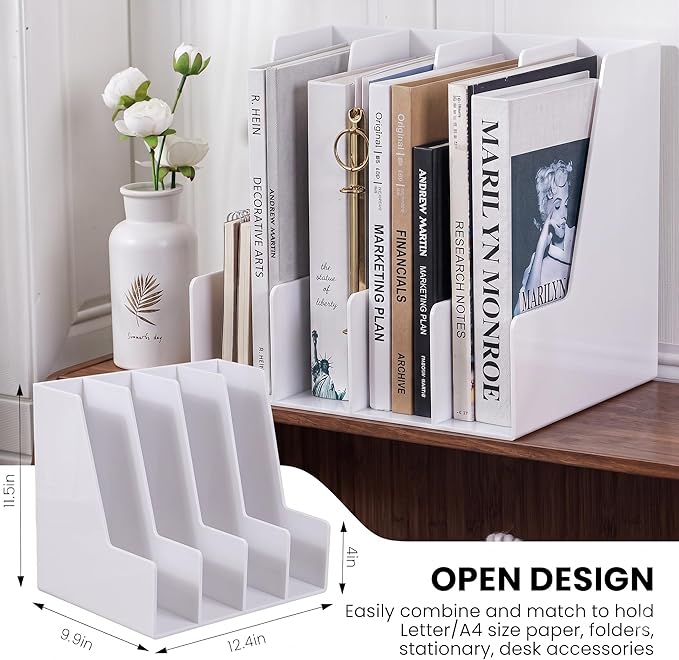 LALOBLUE White Vertical File Organizer, 4 Section Magazine Holder for Desk, Desktop File Folder Rack for Books, Magazines, Documents and Notebooks, Office Home School