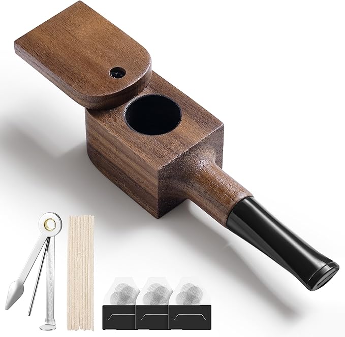 Tobacco Pipe Set - Walnut Wood Square Design Compact Size Classic Style with Cleaning Tool Kit and Screen Inserts for Adult Tobacco Users Desk Daily Use and Gifting