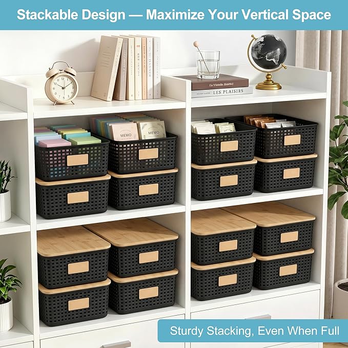 Bagnizer 4 Pack Plastic Storage Bins with Bamboo Lids, 6.2qt Stackable Storage Organizer Box with Lable for Pantry Shelves Drawers Desktop Office, 12"L x 8.5"W x 3.5"H, Black