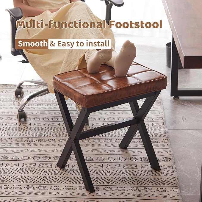 Foot Stool Small Ottoman Foot Rest Padded Foot Stool Desk for Under Office Desk Vanity Stool Bamboo Footstool Sofa Footrest Shoe Stool Small Foot Stools (Black Legs + Patterned Brown)