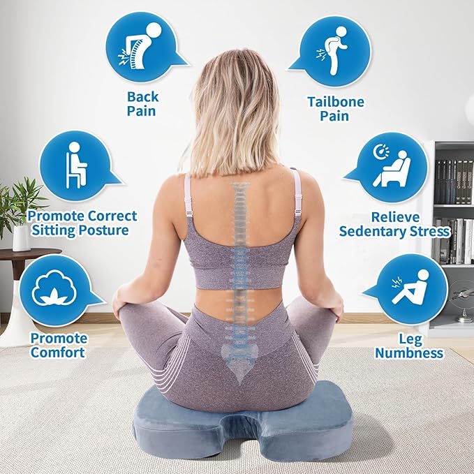 Car Seat Cushion, Memory Foam Cushion for Wheelchair, Cars, Desk, Gaming & Office Chairs, Ergonomic Pad for Tailbone Pain Relief Sciatica & Back Support, Non Slip, Grey