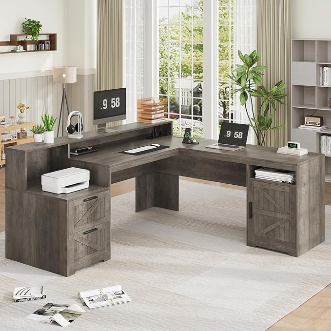 YOMILUVE 63" Farmhouse L Shaped Executive Desk with Drawers & Storage Shelf, Corner Computer Desk with Power Outlets, L Shaped Office Desk with Monitor Stand, Printer Shelf, Gray