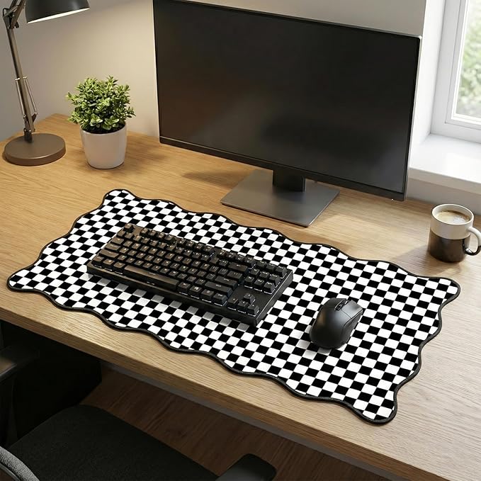 Scalloped Desk Mat Black and White Extended Large Mouse Pad Cute Desk Pad XXL Aesthetic Plaid Mousepad Checkered Gaming Mouse Pad for Keyboard Computer Laptop Office Accessories Girl 35.4X15.7Inch
