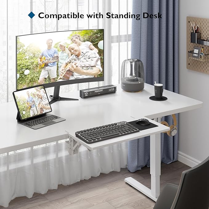BONTEC Small Ergonomics Desk Extender Tray, 20x9.5 Inch Table Mount Arm Rest Shelf, 90° Foldable Keyboard Tray Platform, Clamp on Computer Arm Rest for Desk, Suitable for Office Desks, White