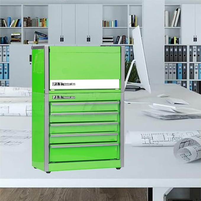 P.I.T. Mini Tool Box 8.6"W X 4.6"D, Portable 3 Drawer Steel Stackable Green Tool Box with Magnetic Tab Locking, Green Micro Top Chest with Liner for Tools Storage and Organizers, Home DIY