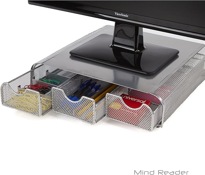 Mind Reader Perch Monitor Stand Desk Organizer, Silver Metal Mesh