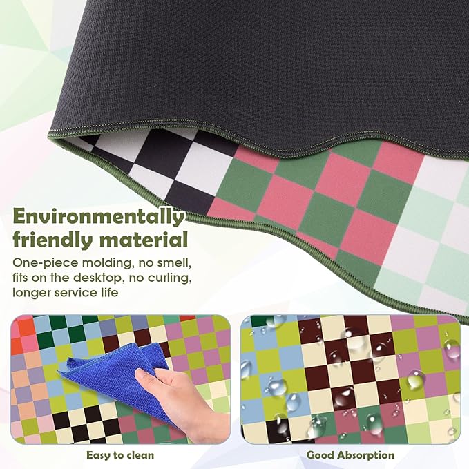 Copkim 1 Pcs Colorful Scalloped Checkered Desk Mat 31.5 x 11.8 Large Cute Mouse Pad Computer Mat Non Slip Waterproof Rubber Base with Border Stitching Soft Keyboard Pad for Home Office Game Makeup