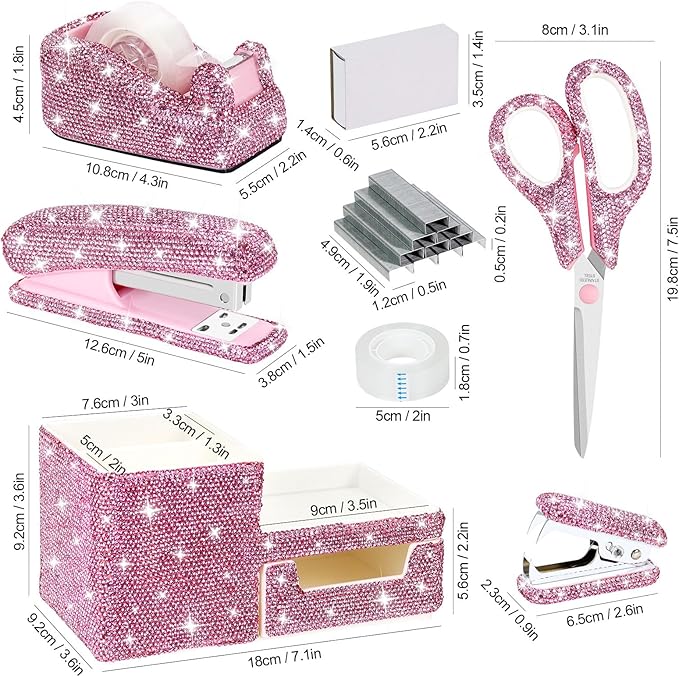 MultiBey 7 Pcs Pink Bling Rhinestone Desk Accessories Set, Crystal Office Stationery Kit with Stapler, Tape Dispenser, Scissors, Drawer Organizer - Glamorous Gift for Home School Office Supplies