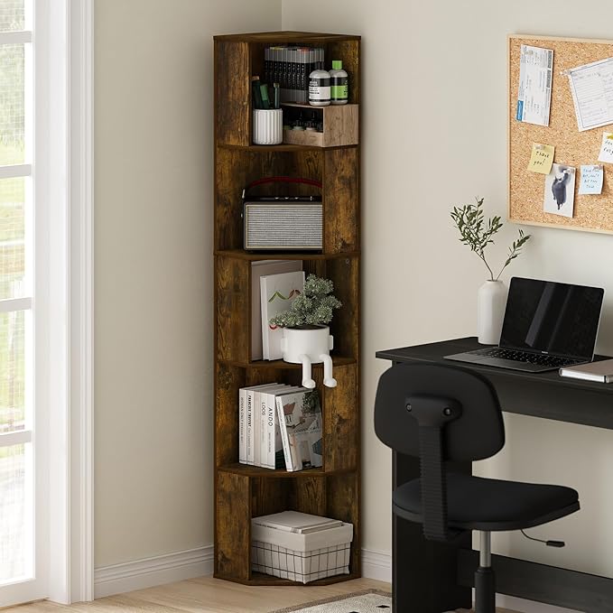 Furinno ECON Corner Shelf, 5-Tier Corner Book Shelf, Standing Storage Shelves, Cube Display Rack, Bookshelf, for Organization and Storage, Living Room, Home Office, Amber Oak