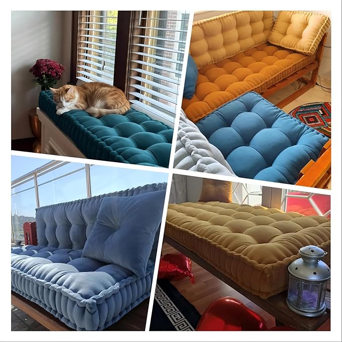Detiblue Custom Bench Cushion - Tufted Bench Cushions for Indoor Furniture, French-Inspired Lace Trim Bay Window Cushion, Customizable Fabric/Color/Size/Shape
