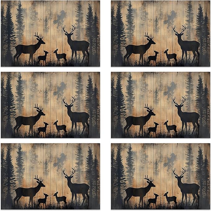 Rustic Deer Forest Table Placemats Set of 6, Linen Placemats 12x18 Inch, Washable Non Slip Heat Resistant Mats for Dining Table Kitchen Indoor Use