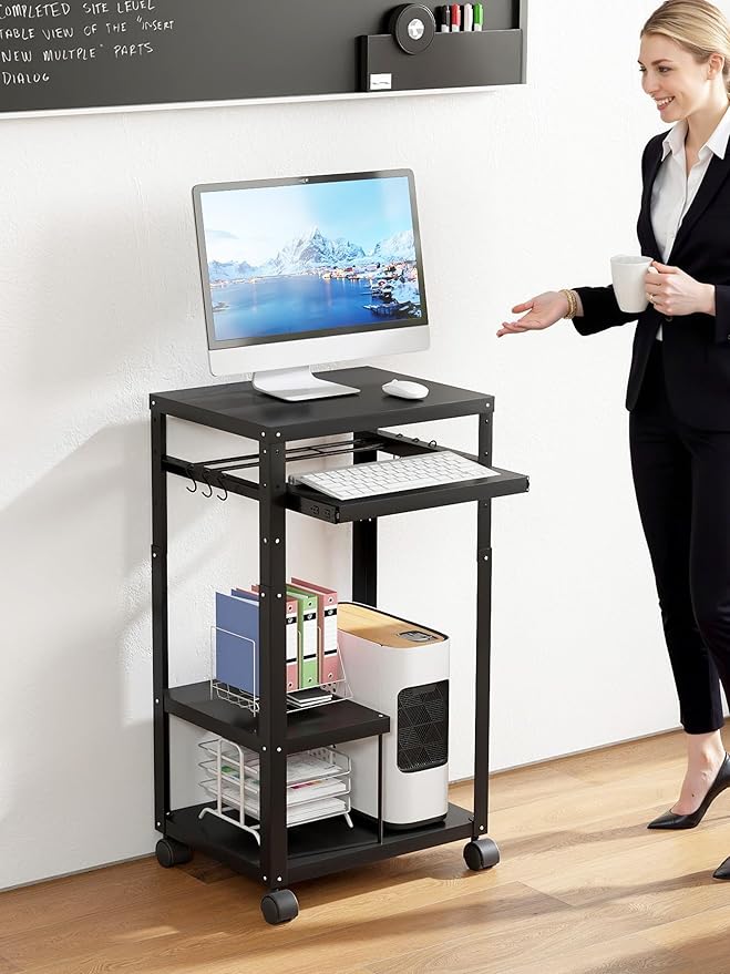 AV Presentation Cart with Keyboard Tray Mobile AV Cart Stand Metal Media Cart with Wheels for Projector Height Adjustable Computer Workstation Presentation Cart for School Classroom Office