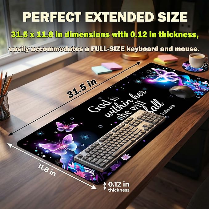 Extended Mouse Pad 31.5 x 11.8 Inches – AiLiTeck Decorative Desk Mat Mousepad with Stitched Edges for Home Office, Waterproof Washable, Includes Matching Coaster Bible Verse Women
