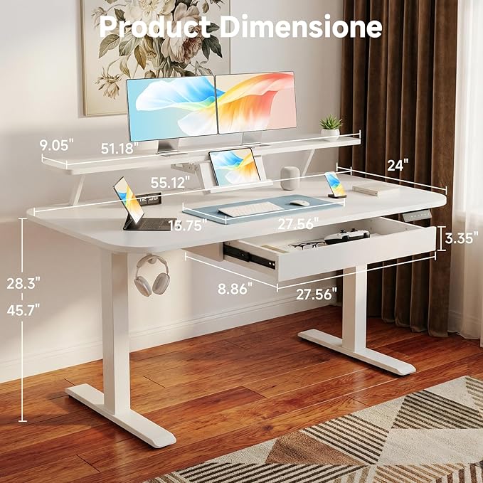 COMHOMA Electric Standing Desk with Drawers, 55 x 24 Inch Sit Stand up Desk with Monitor Stand, Laptop Stand, Height Adjustable Ergonomic Home Office Computer Desks with Memory Preset Controller