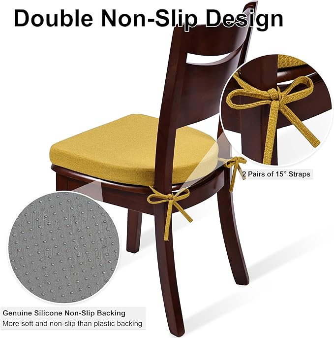Shinnwa Kitchen Chair Cushions Set of 4, Non-Slip Dining Chair Cushions with Ties and Machine Washable Cover, 4 Pack, 17 x 16.5 x 2in, Yellow