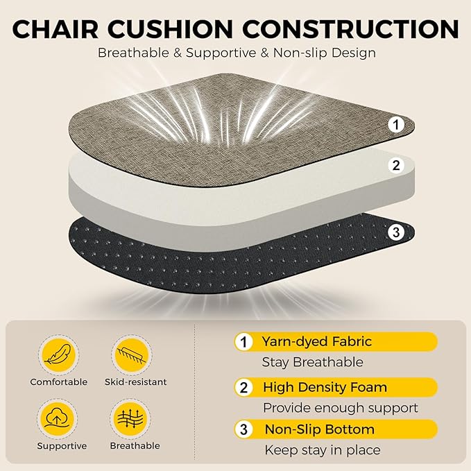 downluxe Indoor Chair Cushions for Dining Chairs, Soft and Comfortable Textured Foam Kitchen Chair Pads with Ties and Non-Slip Backing, 16" x 16" x 2", Khaki, 2 Pack