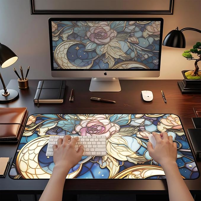 Colorful Glass Desk MST, XXL Mouse Pad with Moon and Rose Flowers, Large Gaming Mouse Pads Mat, Extended Aesthetic Desk Pad, Keyboard Pads, Computer Pad 31.5"X15.7" for Work Game Office Décor