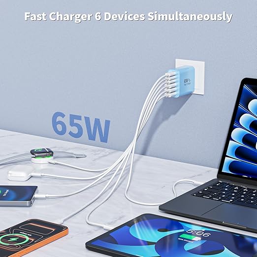 3Pack 65W USB C Charger Block,Apple USB C Charging Block 6-Port GaN Charger PD Power Adapter+QC Wall Plug Multiport Type C Box Brick for iPhone 17 17Air 16 15 14 13 12 11 Pro Max XS,iPad,AirPods,Blue