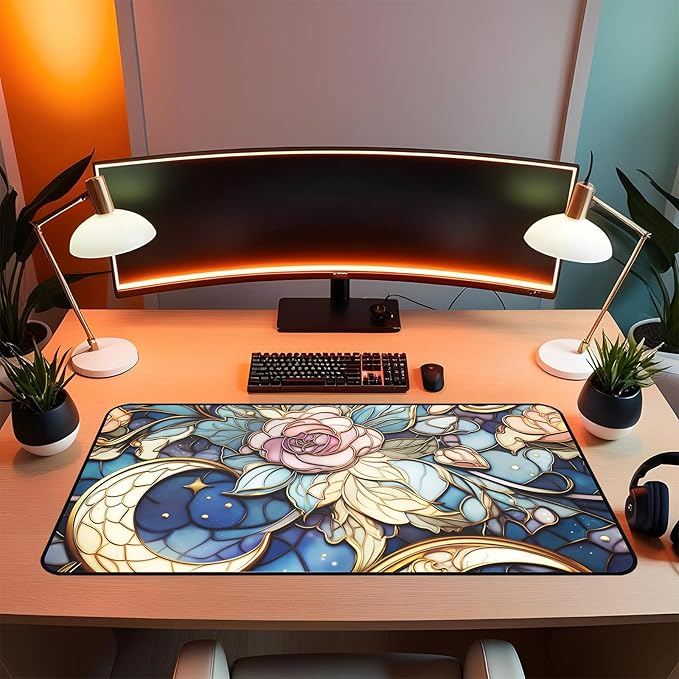 Colorful Glass Desk MST, XXL Mouse Pad with Moon and Rose Flowers, Large Gaming Mouse Pads Mat, Extended Aesthetic Desk Pad, Keyboard Pads, Computer Pad 31.5"X15.7" for Work Game Office Décor