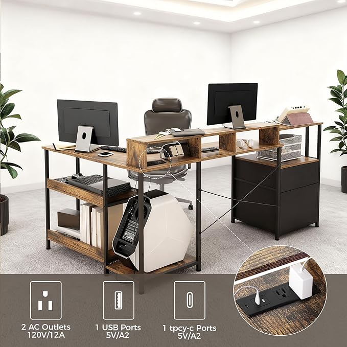 GTPLAYER 73" L Shaped Gaming Desk, Reversible Computer Desk with Power Outlets & LED Lights, Home Office Corner Desk with Storage Shelves, Monitor Stand, and Tower Space, Vintage Brown