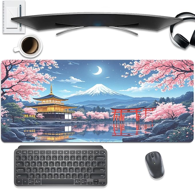 Cherry Blossom Large Mouse Pad Desk Pad, 27.5x11.8in Mount Fuji Keyboard Mouse Mat with Stitched Edges, Waterproof Non-Slip Rubber Base for Office Laptop Computer Home