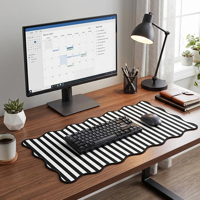 Scalloped Desk Mat Extended Large Cute Striped Mouse Pad Big Desk Pad XXL Aesthetic Stripe Mousepad Gaming Mouse Pad for Keyboard Computer Laptop Home Office Accessories 35.4X15.7Inches Black White