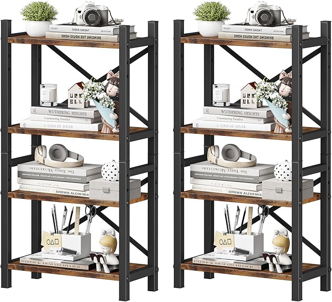 2-Pack Desktop Bookshelf, 4-Tier Stackable Narrow Bookcase, Adjustable Industrial Desk Organizer & Hutch - Rustic Brown Wood Desktop Book Organizer for Living Room, Bedroom & Home Office