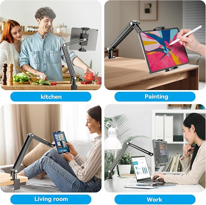 Jakeko Adjustable Portable Monitor Stand 15.6" - 360° Rotating Base Tall Tablet Desk Arm Holder Stand for iPad Air/Pro/Mini Swivel Flexible Clamp Mount Soporte para Tablet/Monitor Portatil/Ereader