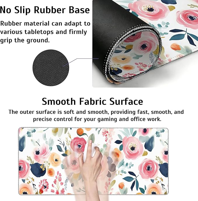 Watercolor Floral Mouse Pad,35.4 x 15.7 Inch Large Mouse Mat Non-Slip Rubber Stitched Edges for Writing Desk,Office,Home,Laptop