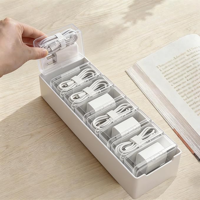 Cable Organizer Storage Box with 8 Wire Ties and Label Stickers,Desktop Charger Cable Management Box with Switch, Cord Organizer for Office,Home,Desk Accessories Storage Stationery Supplies（Clear）