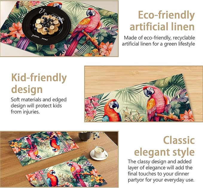 Placemats Set of 6, Tropical Parrot Forest Linen Placemats 12x18 Inch, Heat Resistant Table Mats, Washable Non Slip Place Mats for Dining Table Kitchen Home