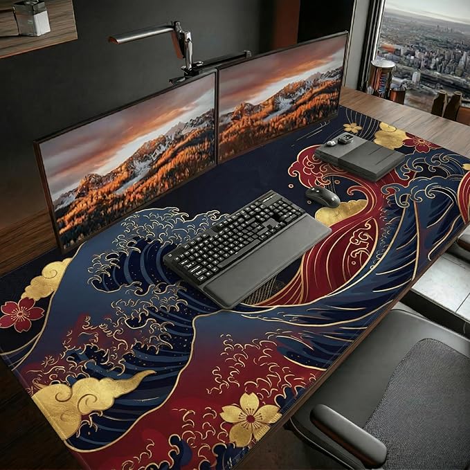 48x24in Large Gaming Mouse Pad, Traditional Japanese Wave Extended Desk Mat, Non-Slip Waterproof Keyboard Pad with Gold Accents for Home Office Gaming