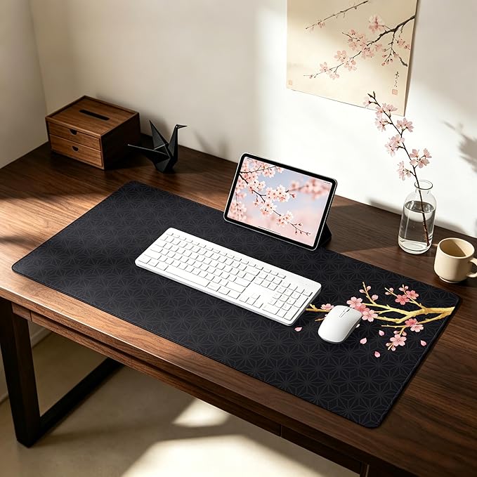Black Cherry Blossom Mouse Pad Large 35.4×15.7 Pink Floral Japanese Desk Mat for Women, Non-Slip Water-Resistant Keyboard Pad for Home Office Gaming