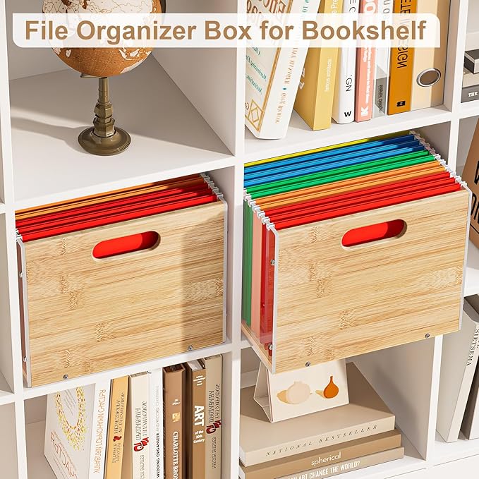 Sbanmao 3 Pack Hanging File Organizer, Clear Acrylic File Box Organizer, Bamboo Filing Box File Crate Organizer Storage Boxes, Portable Filing Organizer with Handle for Letter Size