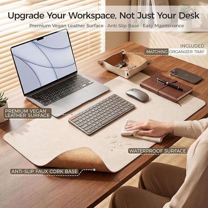 Premium Faux Leather Desk Mat & Tray Set，Innovative Cork-Look Printed Base，Gift Tube Packaging，Full-Desk Coverage，Non-Slip Desk Pad for Office Home（Ivory White）