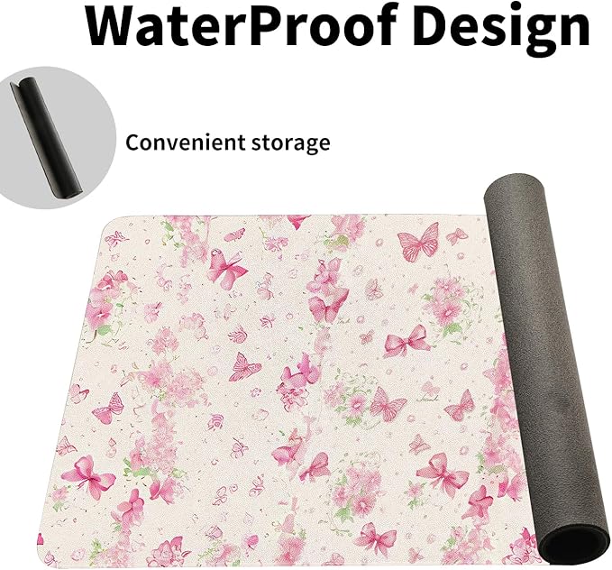 Butterfly Theme Desk Mat for Women, Large PU Leather Desk Pad with Non-Slip Base, Romantic Office Keyboard Mat for Gaming & Home Work, Enchanting Gift Idea（31.5 * 15.75in）