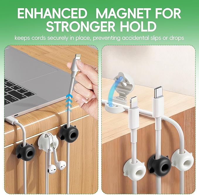 8-Pack Magnetic Cable Management Clips, Silicone Cord Organizer, Under Desk Adhesive Cable Staples, Stick-On Wire Holder Keeper for Home Office, Nightstand, Cable Clamps Organization (Black/White)