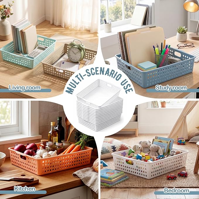 Geetery 6 Pack Classroom Storage Baskets with Handle 14''x10'' Paper Tray Holds A4 Turn in Trays Plastic Paper Baskets Desk Organizer Bin for Classroom, Library, Office, Home (Boho Color)