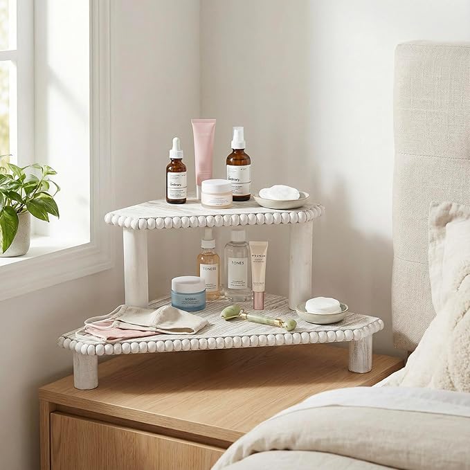 2-Tier Rustic Corner Shelf for Kitchen Counter,Wood Beaded Farmhouse Countertop Organizer with Removable Feet, Stackable Bathroom Vanity & Coffee Bar Decorative Riser Stand(Rustic White)