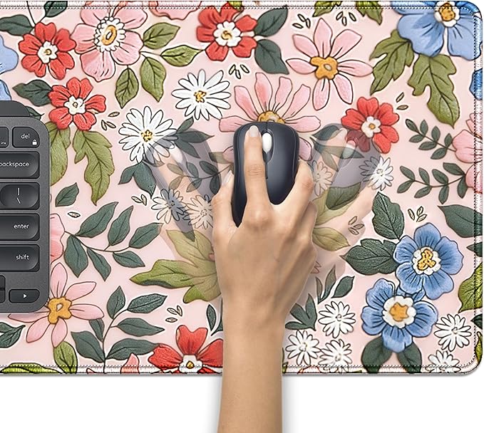 Pink Floral Large Mouse Pad Desk Pad,Flowers Extended Keyboard Mousepad with Stitched Edges, Waterproof Non-Slip Rubber Base for Office Computer Laptop Home 27.5x11.8 in